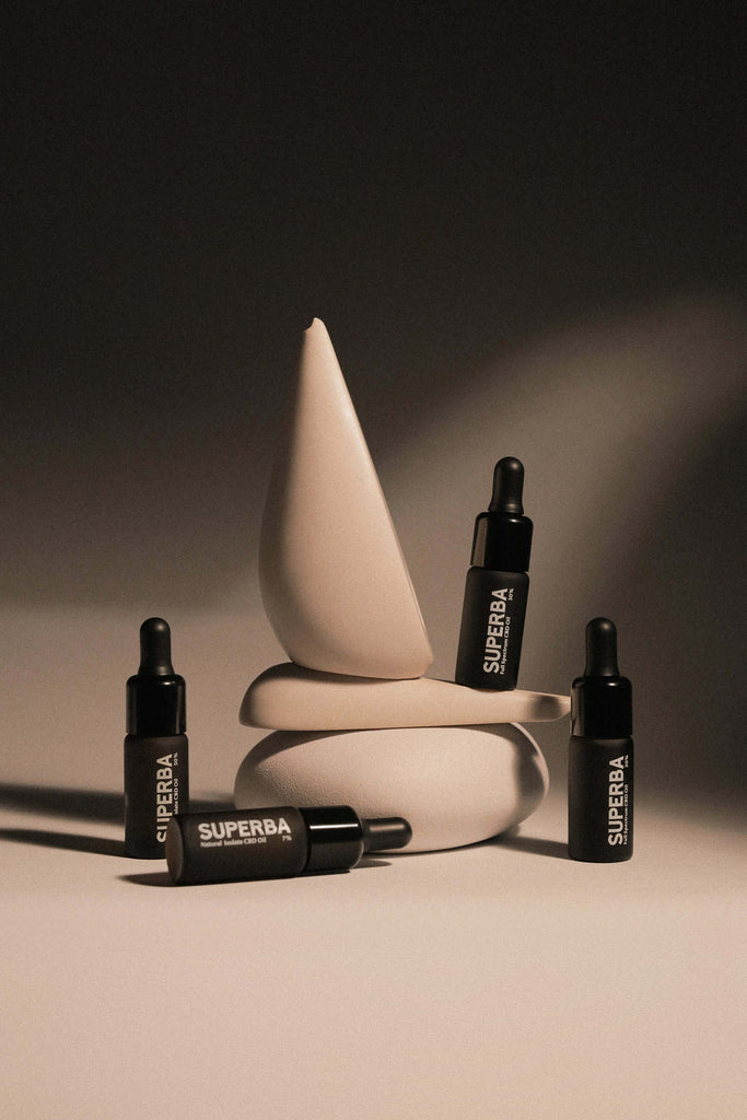 A few Superba elegant bottles of natural CBD Isolate 50%